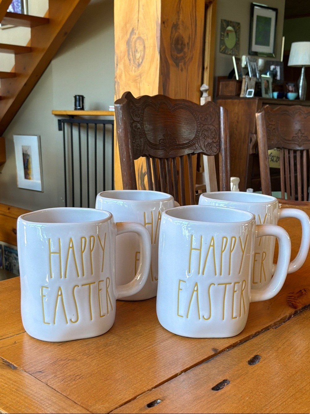 Rae Dunn White Mugs with Gold "Happy Easter" Lettering - Set of 4